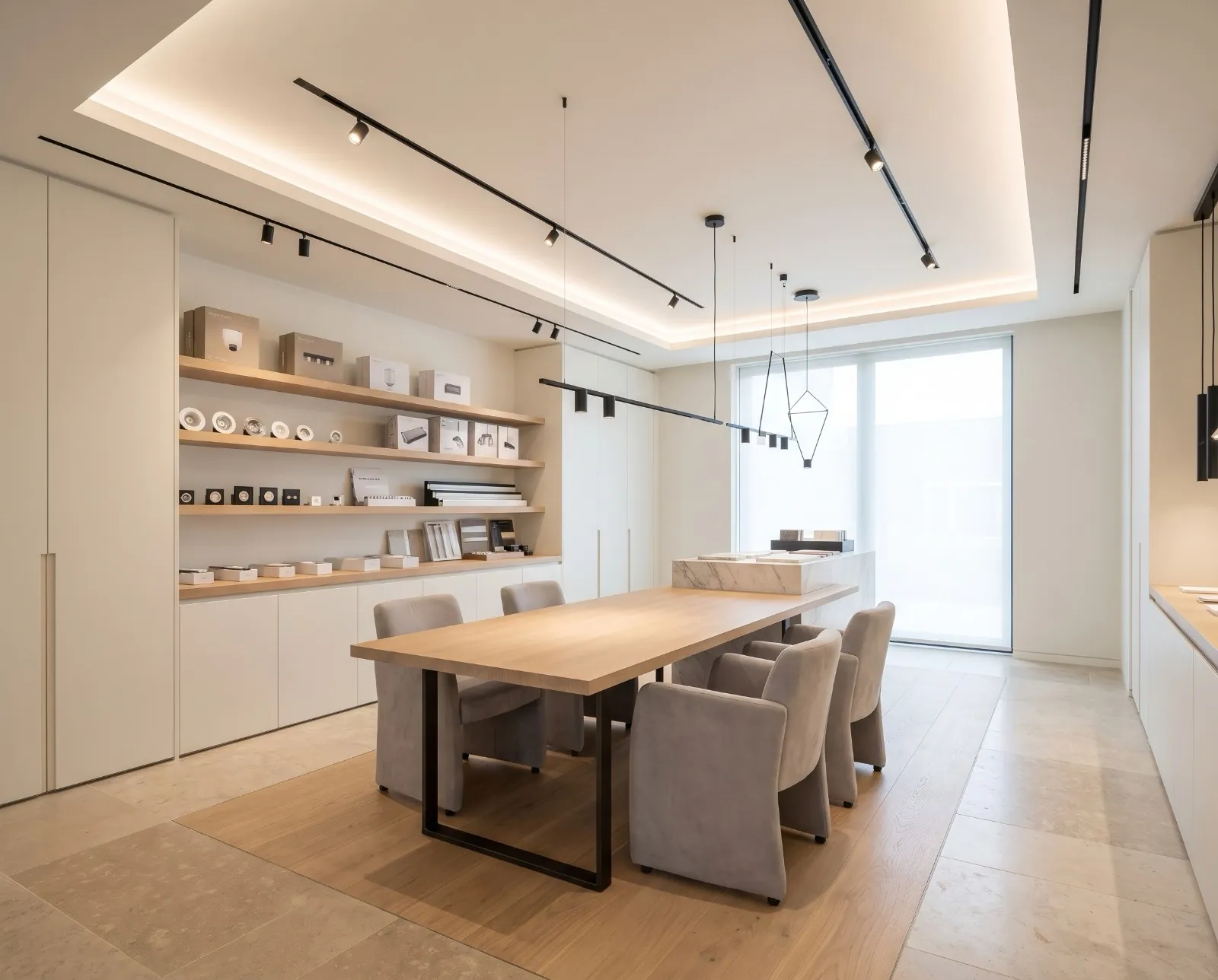 Çeşitli aydınlatma ürünleriyle modern bir iç mekân